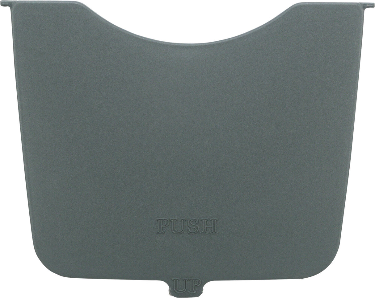 Rechteckige, graue Kunststoffplatte mit abgeschrägtem oberen Rand und eingeprägt sind die Worte "PUSH UP".