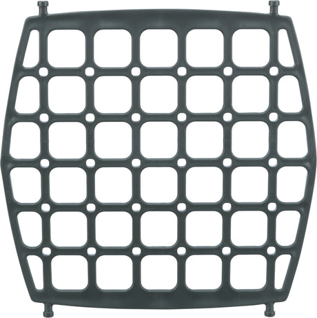 Quadratisches, dunkelgraues Gitter mit rechteckigen Öffnungen und abgerundeten Ecken, auf weißem Hintergrund.