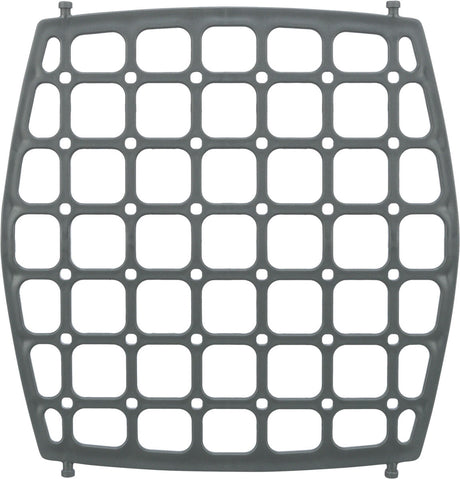 Gitterartige, rechteckige Struktur in Grau mit quadratischen Öffnungen und abgerundeten Ecken.