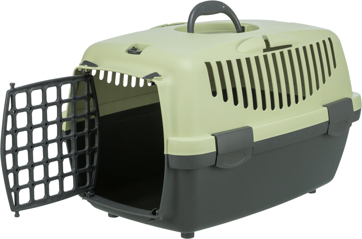 Transportbox aus Kunststoff mit Griff und Lüftungsschlitzen, geöffnete Gittertür, zweifarbig in Beige und Dunkelgrau.
