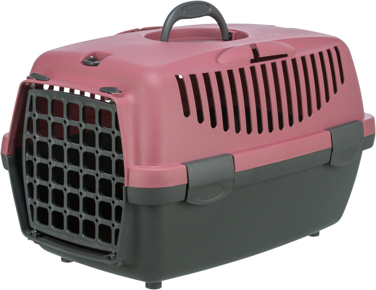 Rosa und graue Transportbox mit Gittertür und Griff oben, geeignet für kleine Tiere.