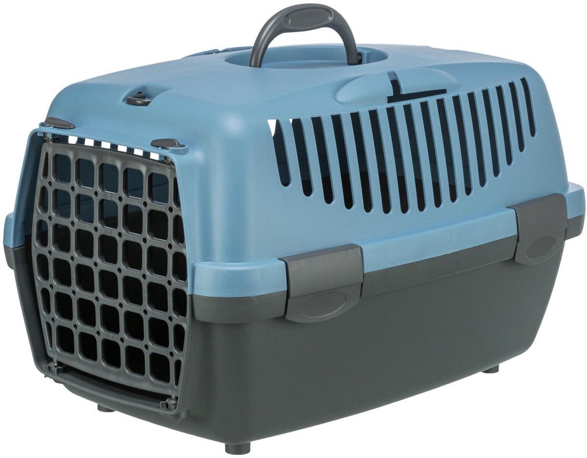 Transportbox in Blau und Grau mit Lüftungsschlitzen und Gittertür, oben ein Tragegriff.