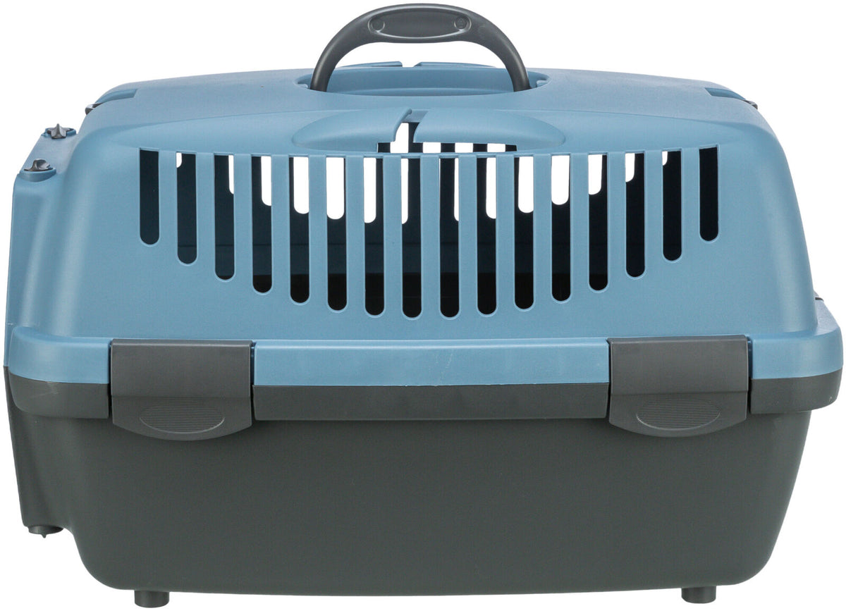 Transportbox in Blau und Grau mit Lüftungsschlitzen und Tragegriff oben.