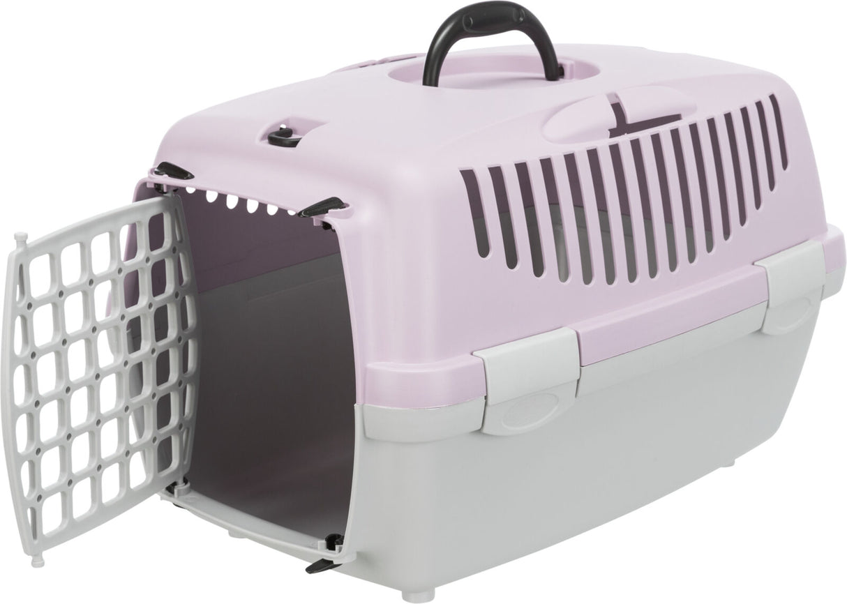Rosa und graue Transportbox mit schwarzem Griff und offener, gitterförmiger Tür.
