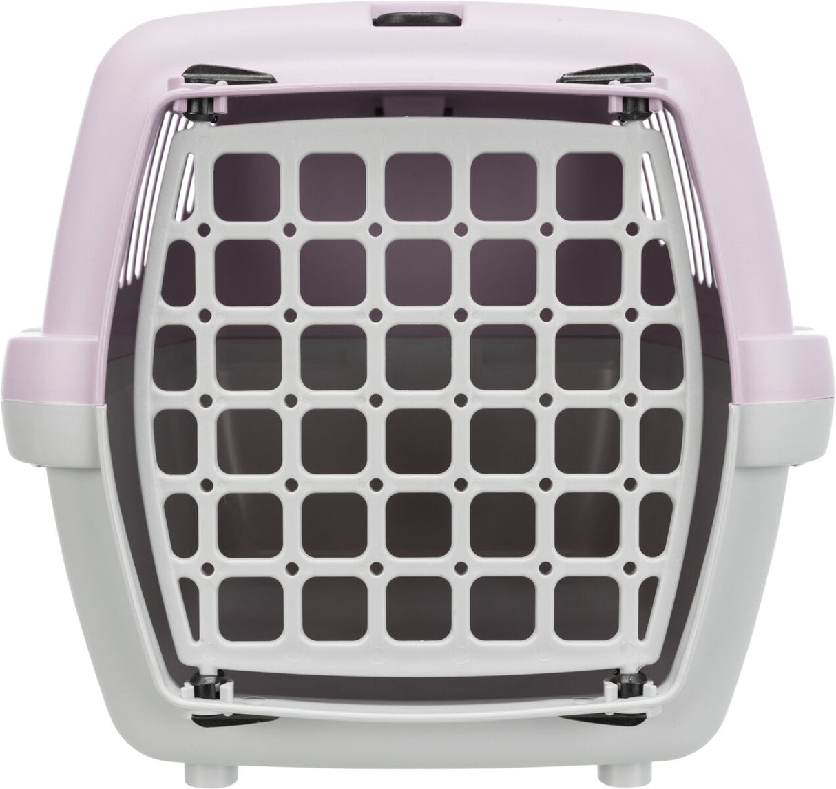 Transportbox mit lila oberem und weißem unterem Teil, Gittertür mit quadratischen Öffnungen in der Vorderansicht.