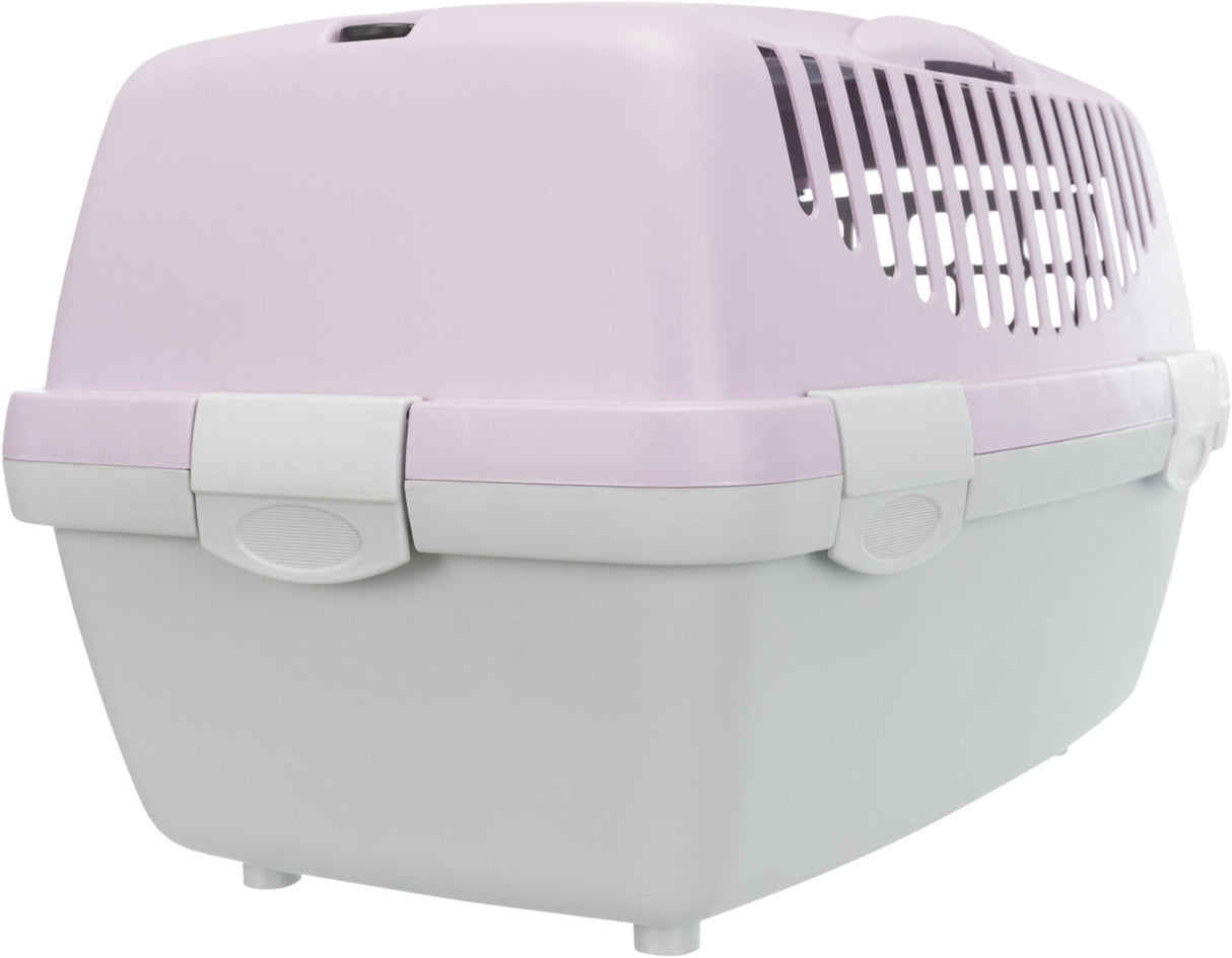 Transportbox aus Kunststoff in Weiß und Hellrosa mit Belüftungsschlitzen und Tragegriff oben.