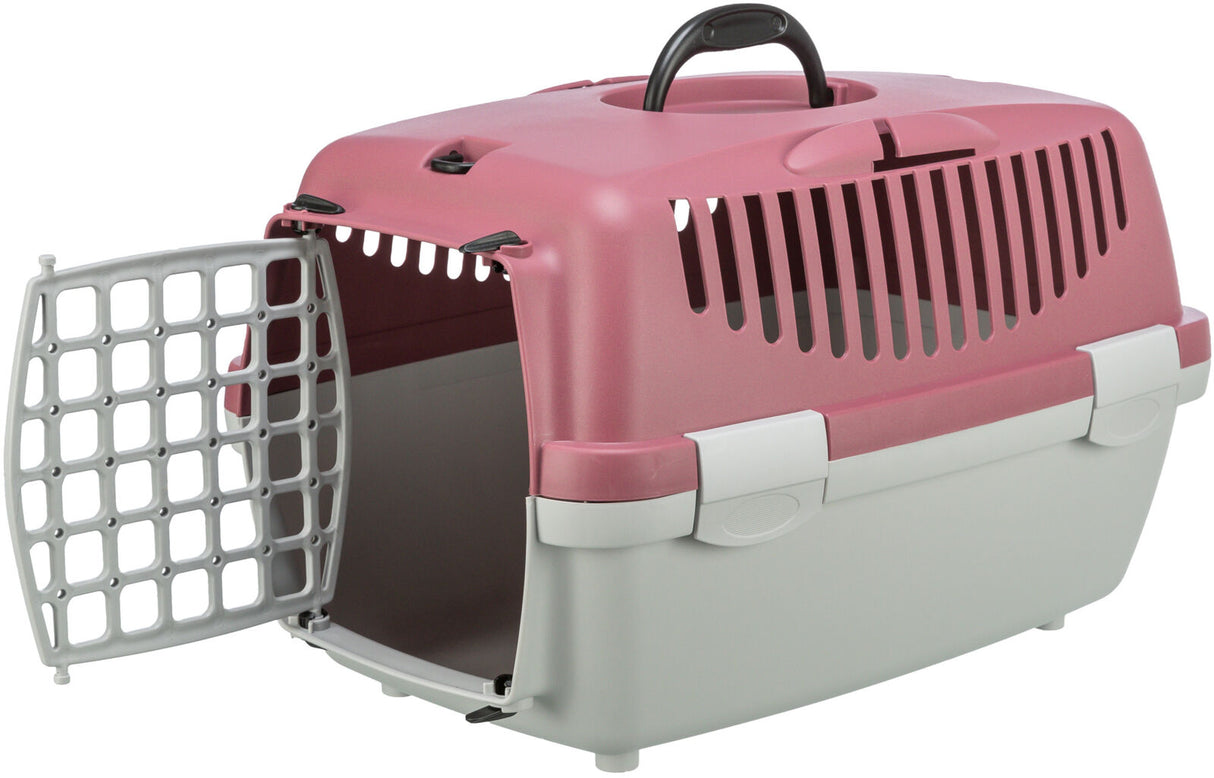 Tragetasche aus Kunststoff mit Belüftungsschlitzen in Rosa und Grau, Gittertür geöffnet, schwarzer Griff oben.