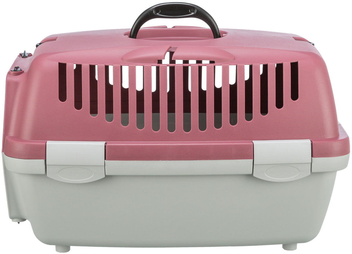 Rosa und graue Transportbox aus Kunststoff mit schwarzen Griff und Lüftungsschlitzen an der Oberseite.