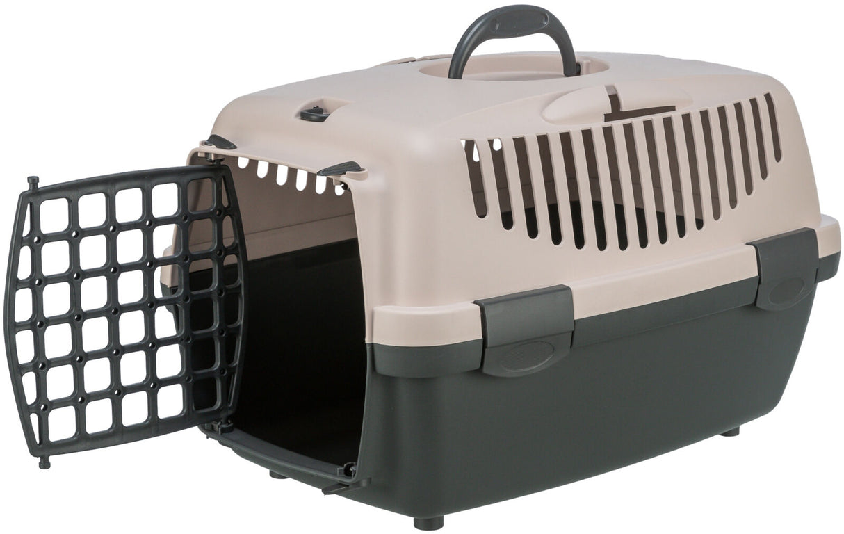Kunststoff-Transportbox mit schwarzer Gittertür und Tragegriff in Beige und Dunkelgrau, für Haustiere.