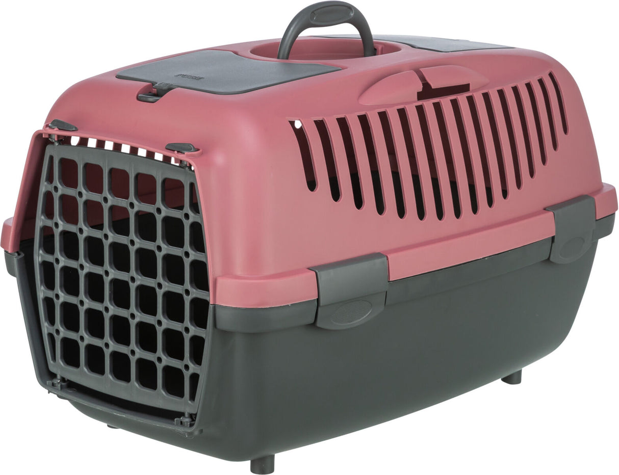 Rote und graue Transportbox mit Gittern aus Kunststoff und Tragegriff oben.