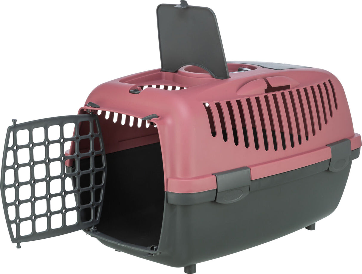 Transportbox aus Kunststoff in Rosa und Grau mit Lüftungsschlitzen und geöffneter tür.
