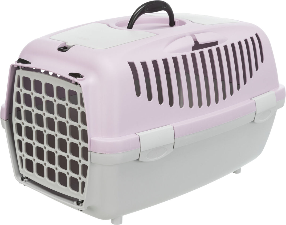 Tragetasche in Rosa und Weiß mit Gittertür und Griff oben, geeignet zum Transportieren.