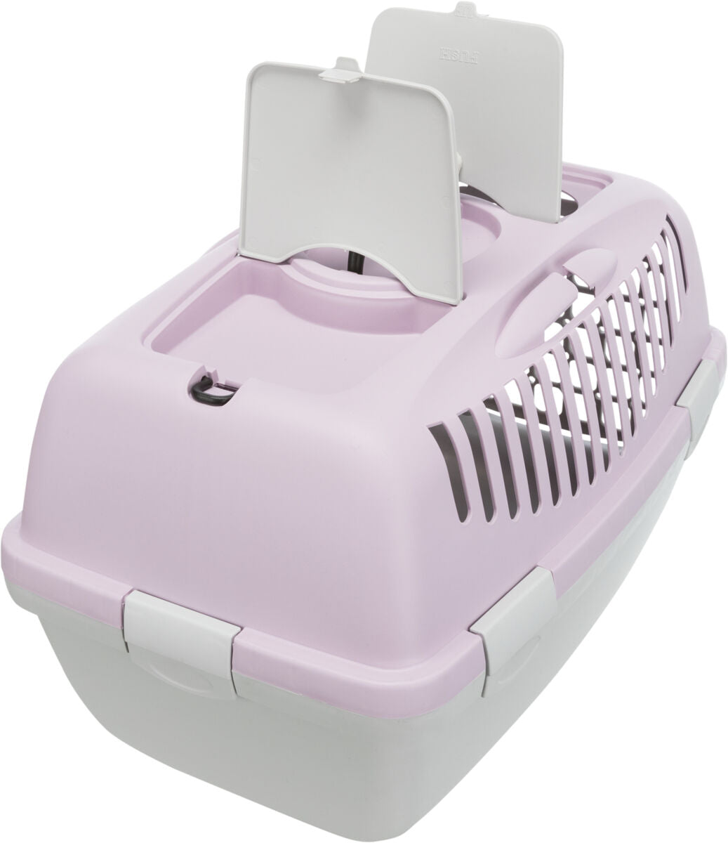 Tragetasche in Lila mit Belüftungsschlitzen und weißem Verschluss.