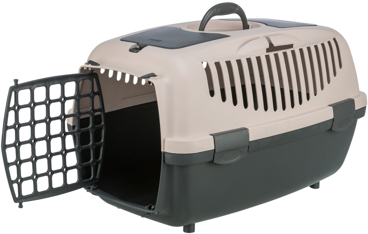 Geschlossene, zweifarbige Transportbox mit Gittertür und Tragegriff, Tür offen, beige und dunkelgrau.
