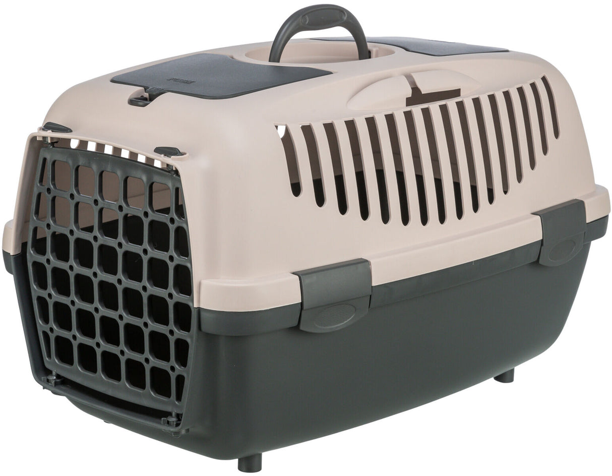 Transportbox aus Kunststoff in Beige und Grau mit schwarzer Gittertür und Tragegriff oben.