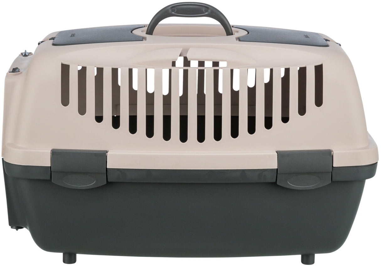 Tragetasche aus Kunststoff mit Lüftungsschlitzen und Tragegriff in Beige und Grau.