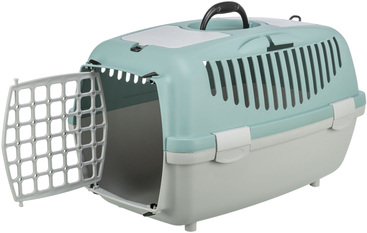 Transportbox aus hellblauem und grauem Kunststoff mit offenen Lüftungsschlitzen und Gittertür.