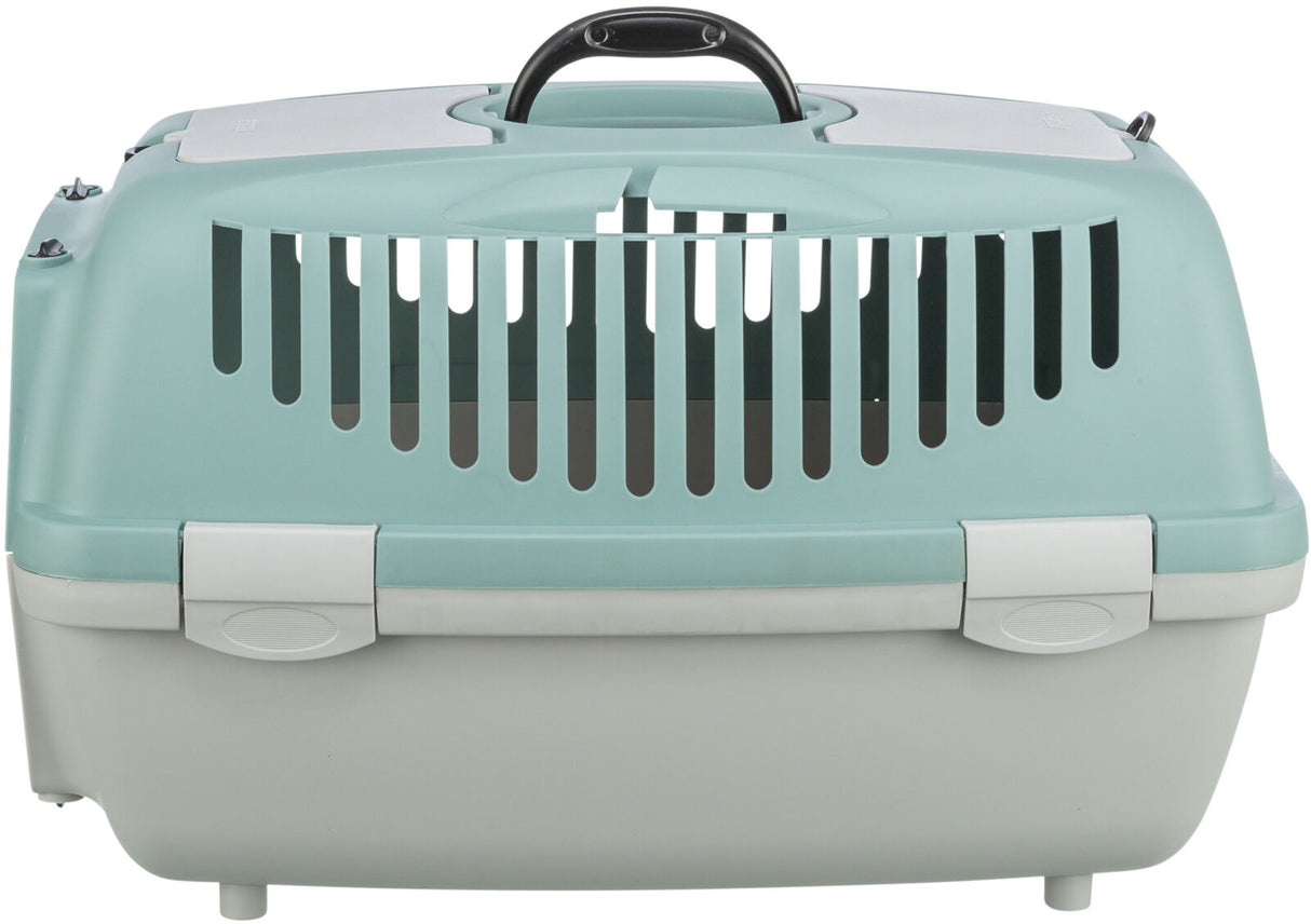 Türkis-weiße Transportbox mit Lüftungsschlitzen und schwarzem Griff auf der Oberseite.