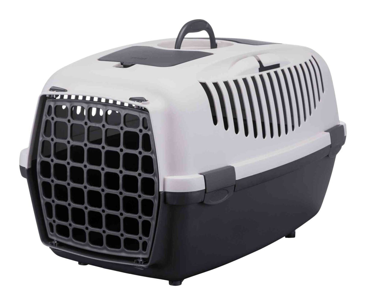 Transportbox in Schwarz-Weiß mit Lüftungsschlitzen und Gittertür, oben Griff zum Tragen.