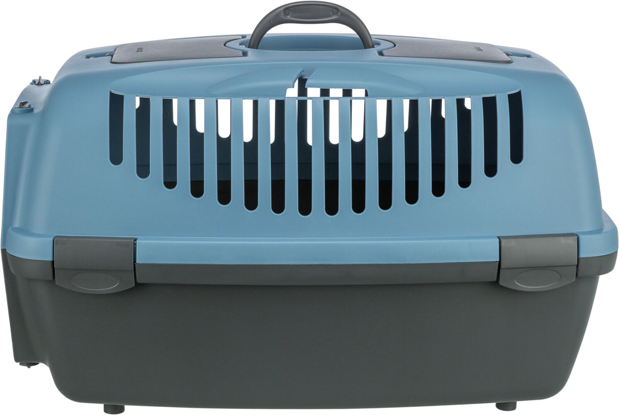 Blaue Transportbox mit schwarzen Griffen und Lüftungsschlitzen auf der Oberseite, grauer Boden.