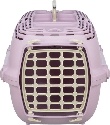 Tragetasche in Rosa und Beige mit Gittertür und Griff, geeignet für den Transport von Haustieren.