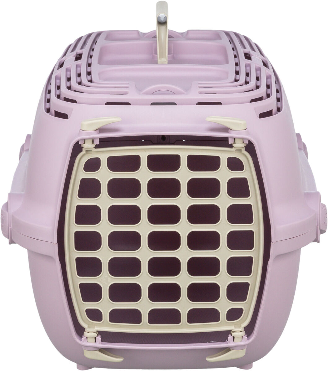 Tragetasche in Rosa und Beige mit Gittertür und Griff, geeignet für den Transport von Haustieren.