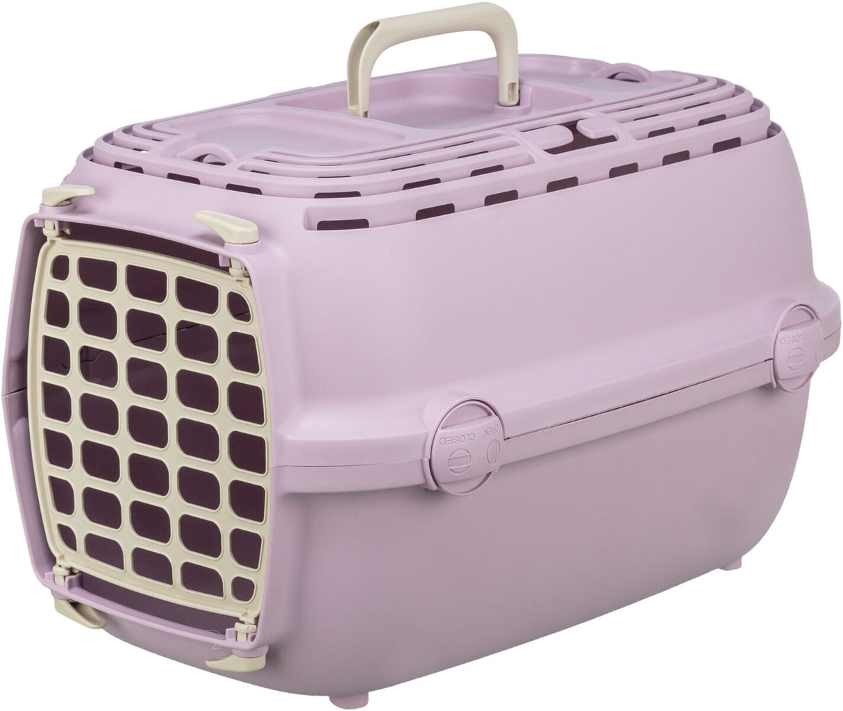 Hellvioletter Transportbehälter mit beigefarbenem Gittertüreinsatz und Tragegriff oben, geeignet für kleine Tiere.