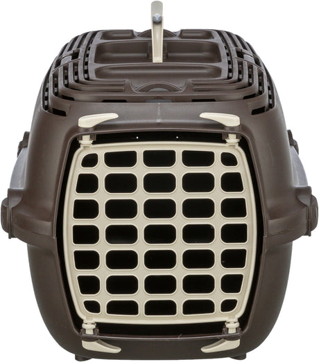 Blick auf einen braunen Transportbehälter mit cremefarbener Gittertür und Tragegriff oben.