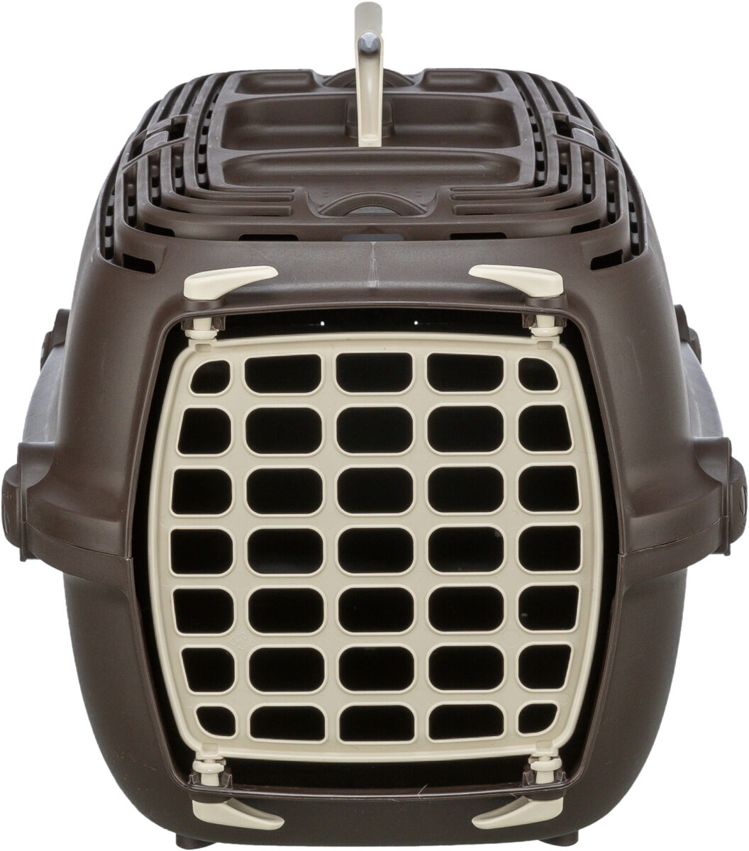 Blick auf einen braunen Transportbehälter mit cremefarbener Gittertür und Tragegriff oben.