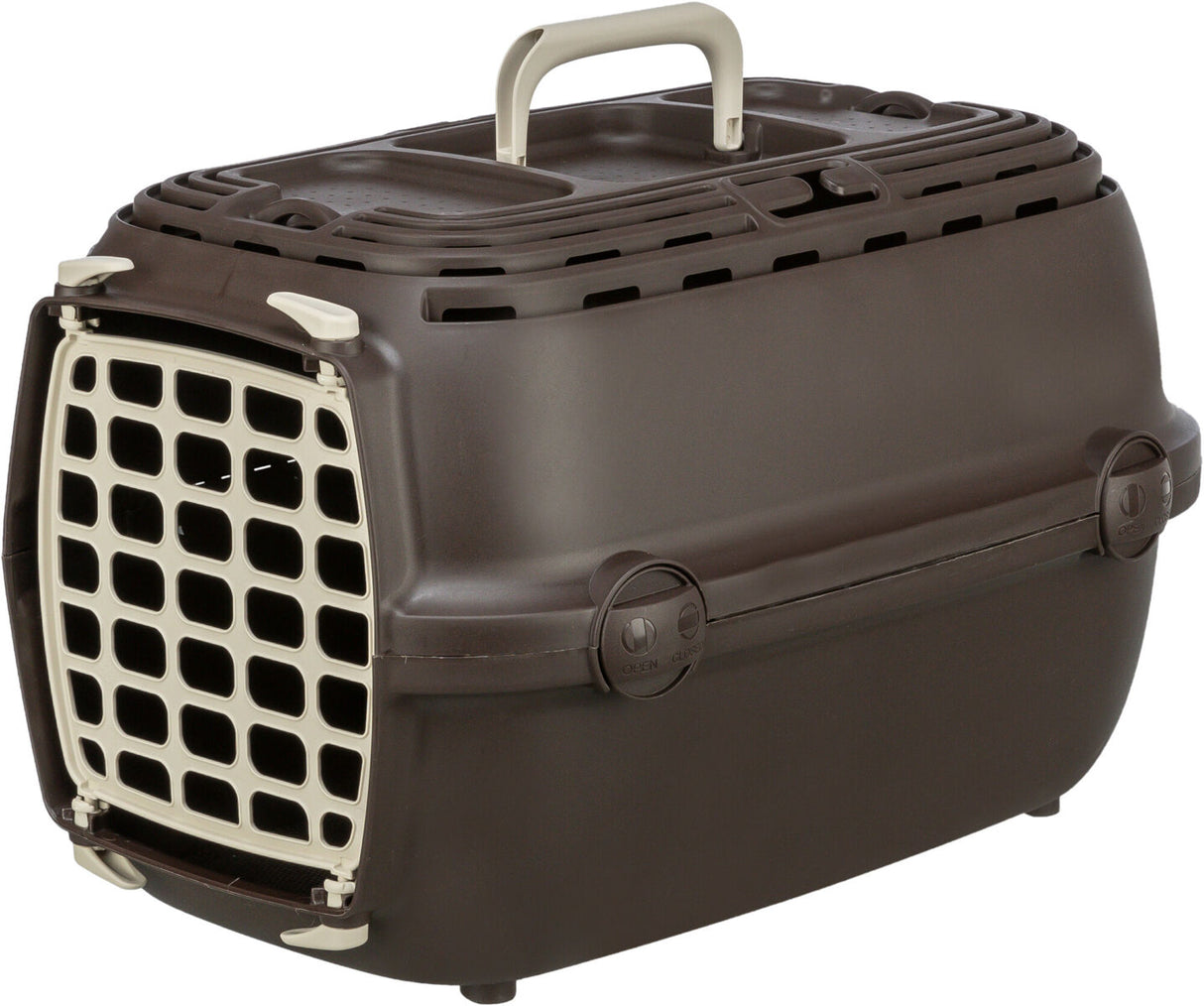 Braune Transportbox mit cremefarbenem Gitter an der Vorderseite und Tragegriff oben.