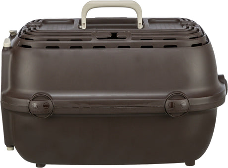 Braune Transportbox mit cremefarbenem Tragegriff und Verschlüssen an der Seite, oberer Lüftungsschlitz.