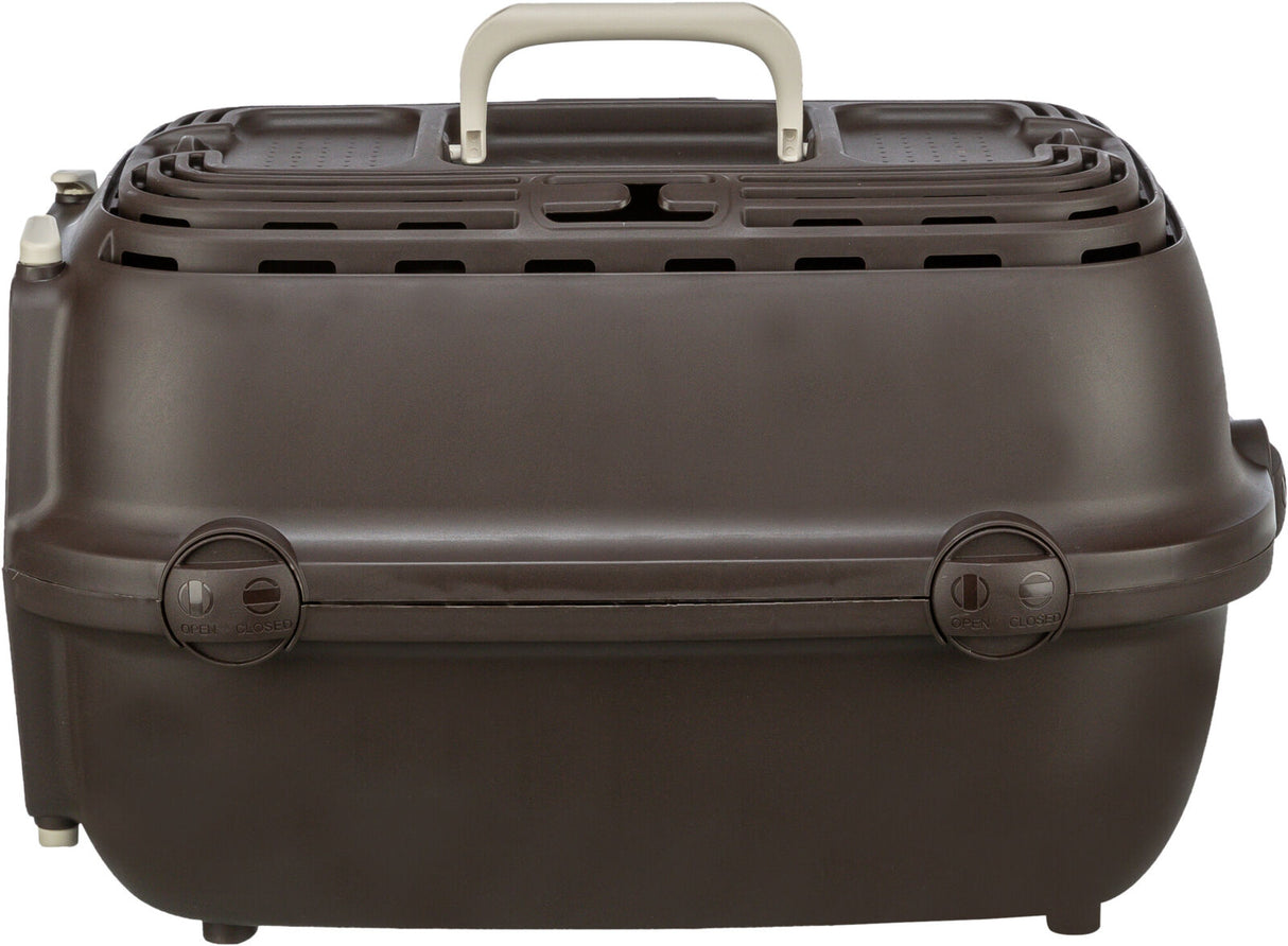 Braune Transportbox mit cremefarbenem Tragegriff und Verschlüssen an der Seite, oberer Lüftungsschlitz.