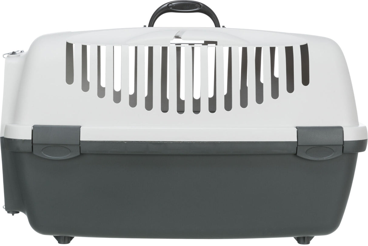 Transportbox aus robustem Kunststoff mit Lüftungsschlitzen, schwarz und weiß, mit Tragegriff oben.