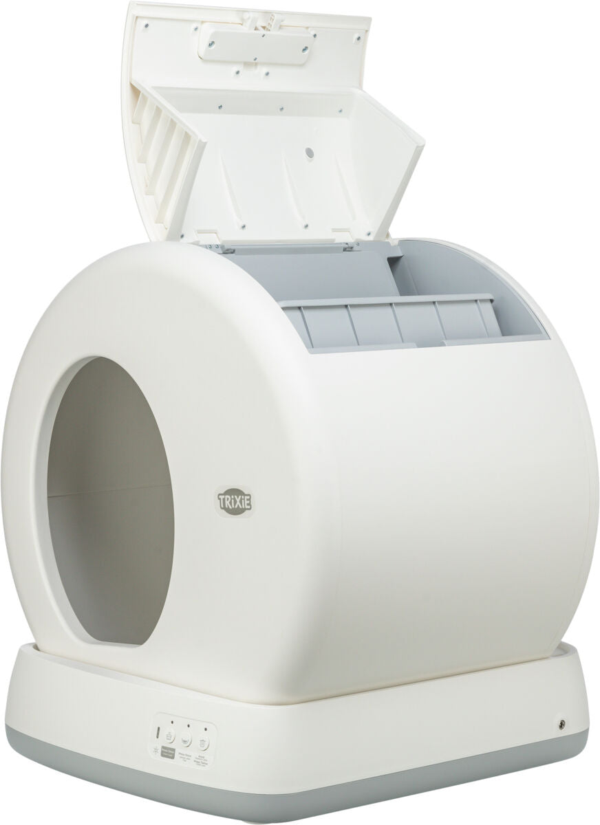 Weiße, runde Katzentoilette mit Haube und geöffnetem Deckel, links eine große Öffnung, unten Bedienelemente.