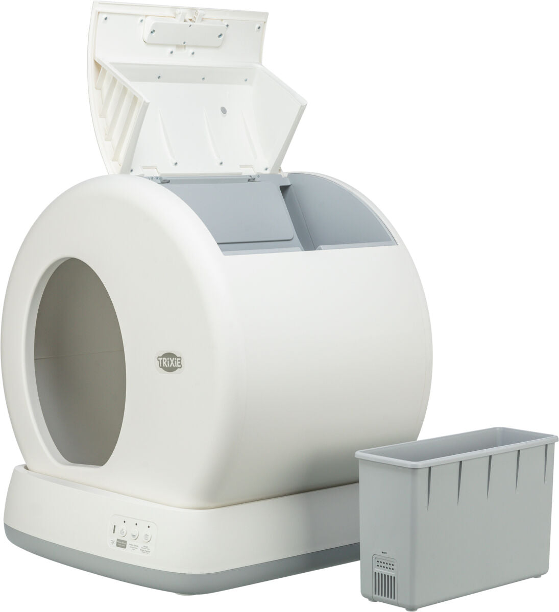 Weiße, runde Katzentoilette mit geöffneter Klappe oben, daneben eine graue Kiste; Marke "Trixie" sichtbar.