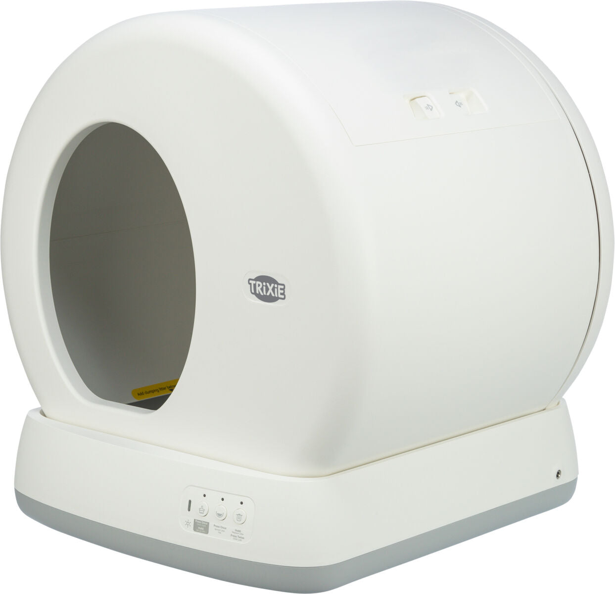 Weiße ovale Struktur mit rundem Eingang und sichtbaren Tasten auf der grauen Basis, Aufschrift "Trixie".