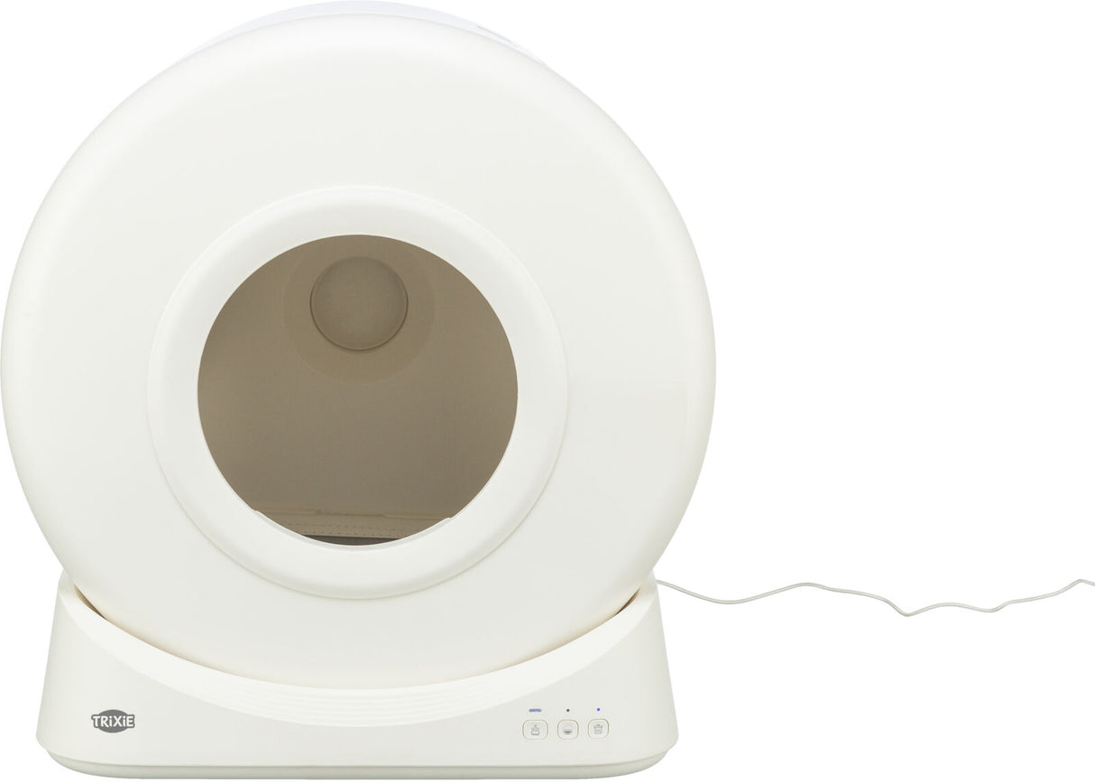 Weißes, rundes Gerät mit offenem Kreis vorne, flache Basis mit Tasten und einem Kabel rechts.