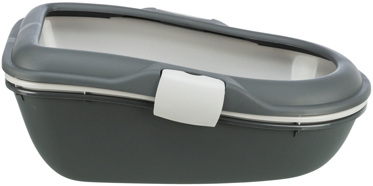 Graue Katzentoilette mit abnehmbarem Deckel, ovaler Form und weißem Verschlussclip.
