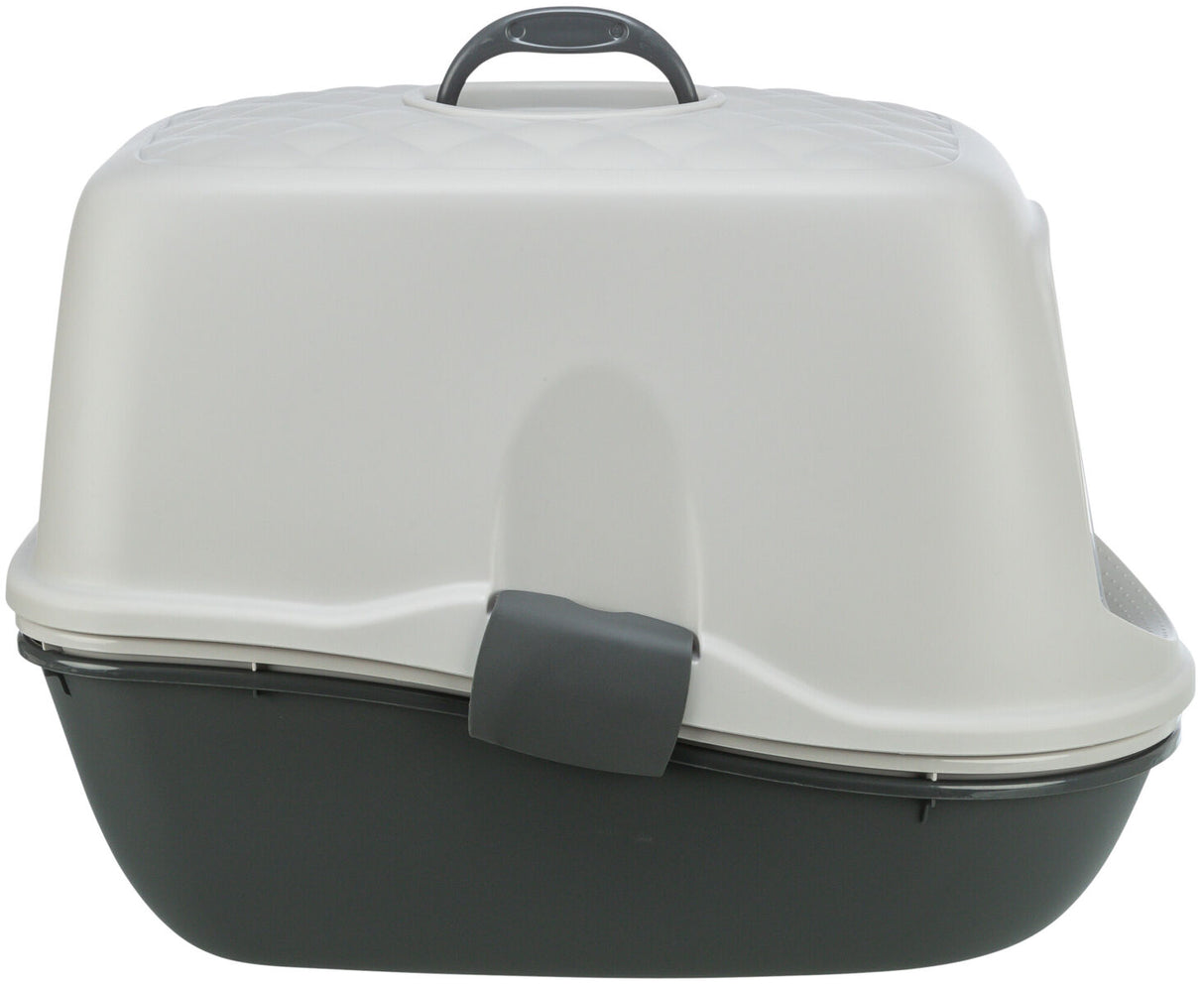 Geschlossene Katzentoilette in Grau und Weiß mit Tragegriff oben, abnehmbarer Haube und abgerundeten Ecken.