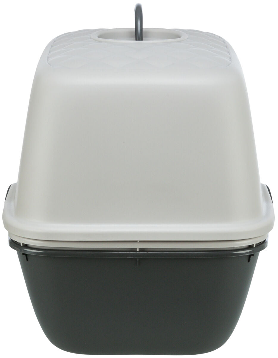 Katzentoilette mit Haube in Grau und Weiß, oben mit Griff.