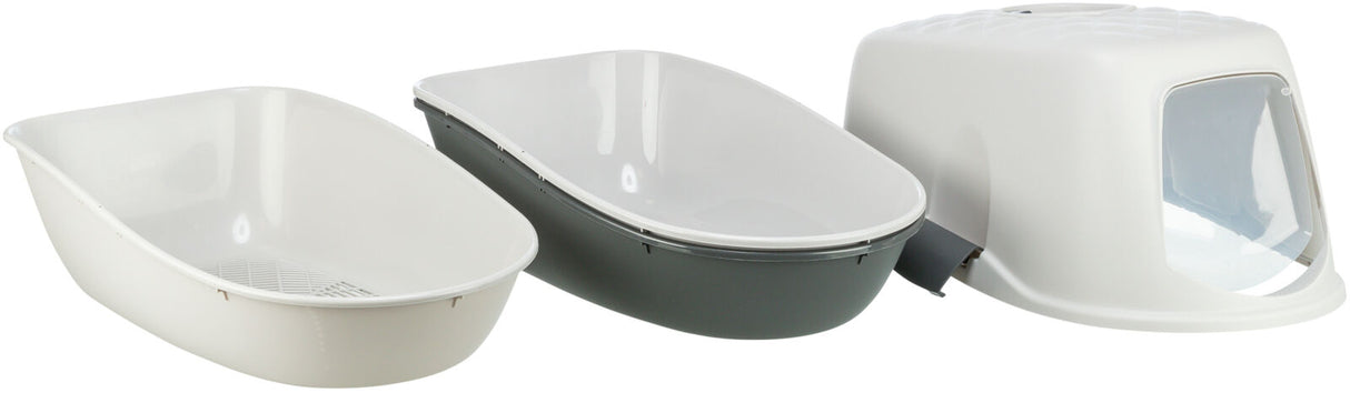 Drei Katzentoiletten, links zwei offene ohne Haube in Weiß und Dunkelgrau, rechts eine geschlossene in Weiß.
