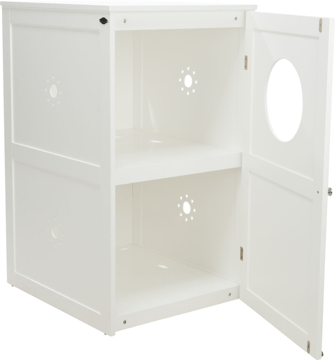 Weißes, offenes Regal mit zwei Böden und einer offenen Tür, die kreisförmige Öffnungen aufweist.