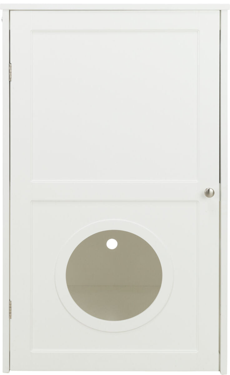 Weißes, rechteckiges Möbelstück mit Schranktür, Rundöffnung unten mittig und silbernem Knopfgriff.