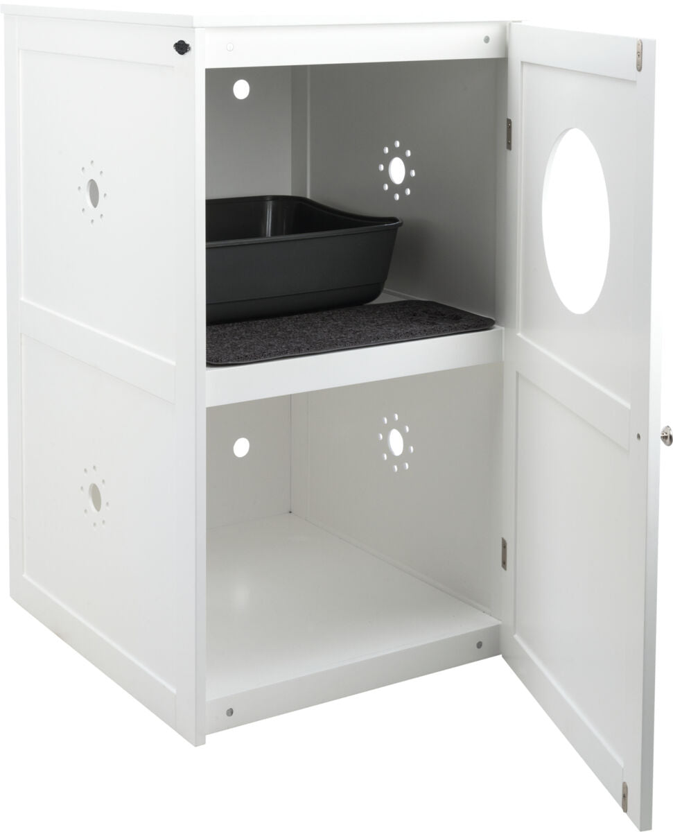 Weißer Schrank mit offener Tür, schwarzer Katzentoilette im oberen Fach, runden Belüftungslöchern in den Wänden.