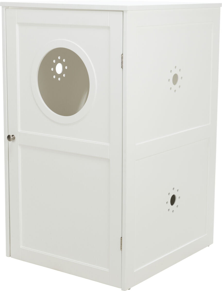 Ein weißer Schrank mit rundem Belüftungsloch und Tür, die rechts durch ein Scharnier befestigt ist.