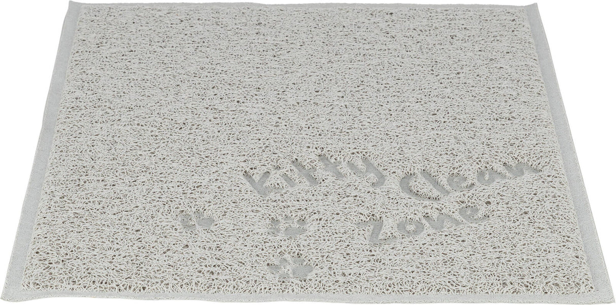 Graue Matte mit strukturierter Oberfläche und Prägung "Kitty Clean Zone" sowie Pfotenabdrücken sichtbar.