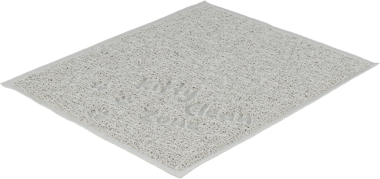 Weiße rechteckige Matte mit strukturiertem Muster und eingearbeitetem Text "Kitty Clean Zone".