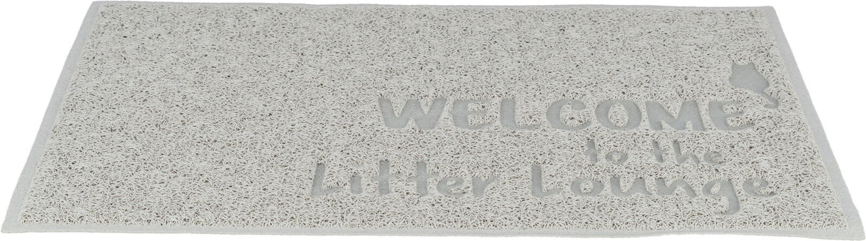 Beige Matte mit der Aufschrift "WELCOME to the Litter Lounge" und einer kleinen Katzen-Silhouette rechts.