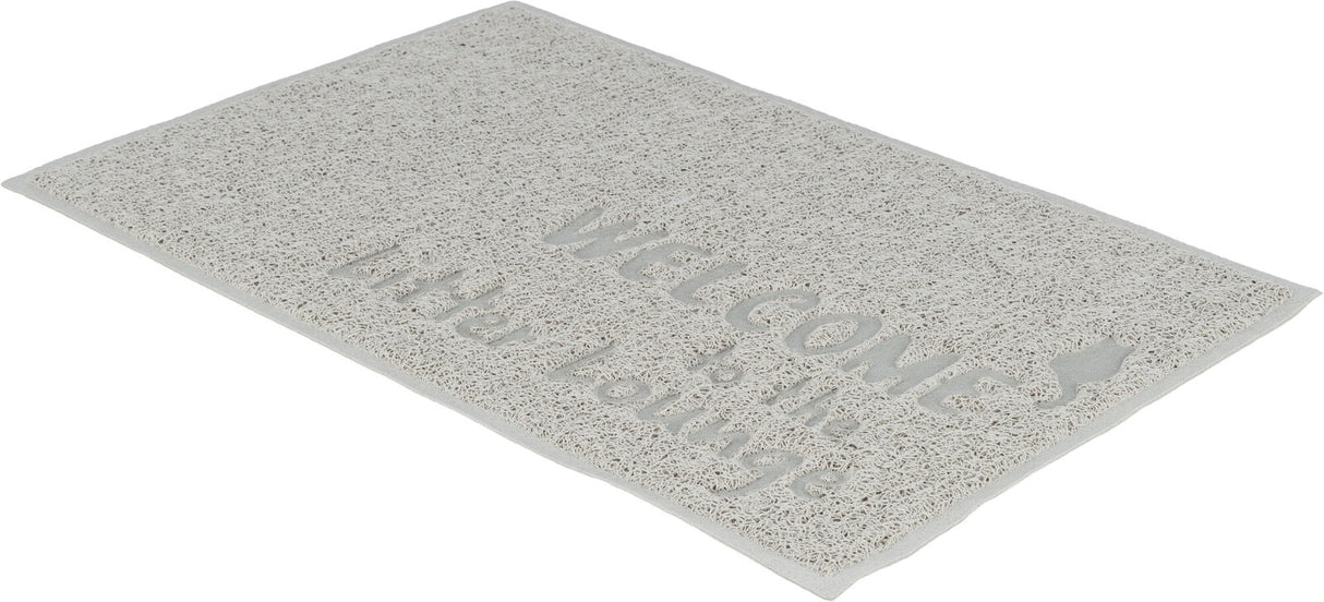 Rechteckige, beige Matte mit der Prägung "WELCOME to the litter lounge", strukturierte Oberfläche.