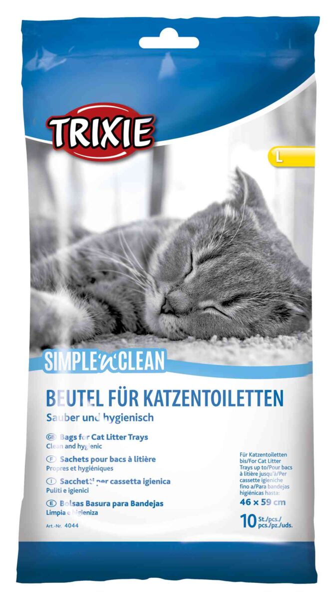 Verpackung mit blauem oberen Rand zeigt eine schlafende graue Katze, Text: "Beutel für Katzentoiletten, sauber und hygienisch".